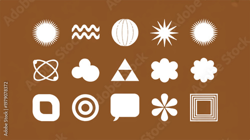 A minimalist digital illustration of geometric shapes and icons on a brown background