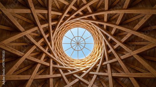 Architectural Wonder: A mesmerizing display of intricate wooden beams converge towards a central oculus, offering a glimpse of the sky and capturing a harmonious blend of engineering and design.