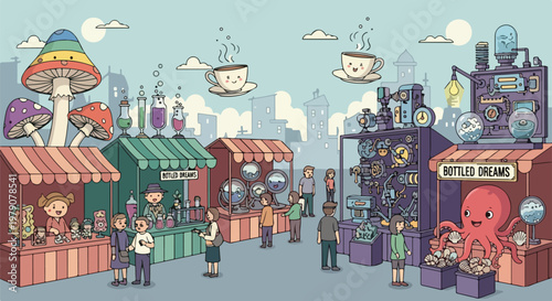 Cartoon Market Scene with Fantasy Characters.