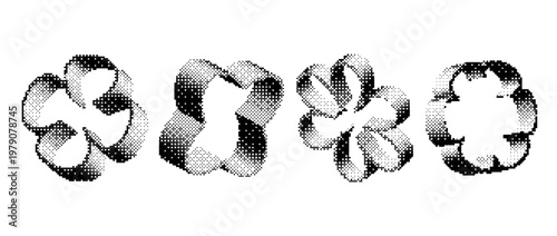 Bitmap halftone flower set. Pixelated flower-shaped design elements for banner, poster, leaflet, sticker, collage. Dither 3d rasterized outline shape collection. Retro Y2K 8 bit effect bundle. Vector
