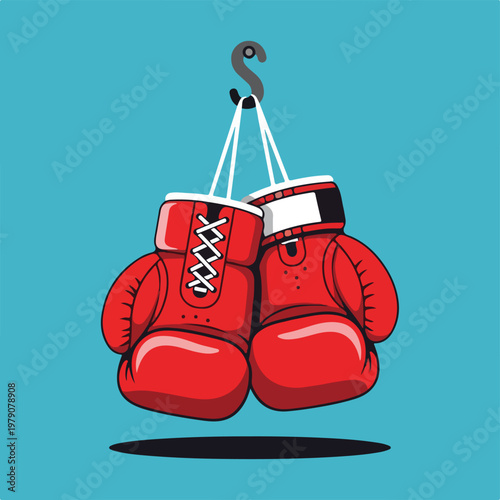 Two red boxing gloves hang from a gray hook on a teal background
