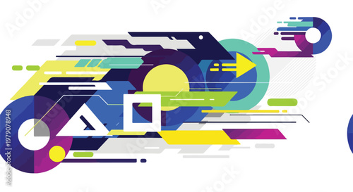 Colorful geometric shapes and arrows.