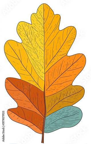 Stylized oak leaf, vibrant hues of yellow, orange, and teal