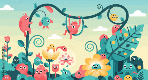 Cartoon Monsters Playing in Floral Scene.