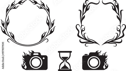 Hand drawn vector set of floral illustrations with decorative vintage style elements including flowers leaves and ornamental designs.