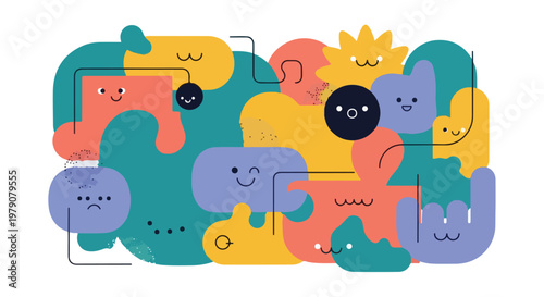 Colorful Cartoon Faces and Shapes Illustration.