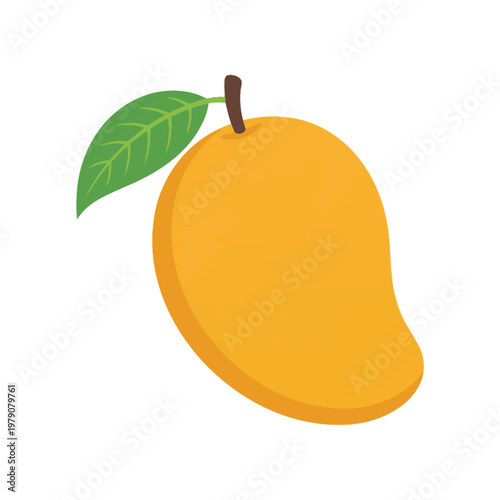 Ripe yellow mango with green leaf illustration.