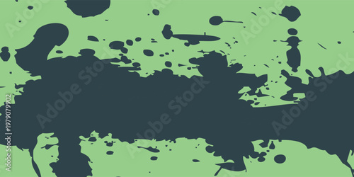Vibrant vector dark blue paint splatter or ink blot texture on a green background. Abstract, energetic grunge element ideal for banners, borders, or modern artistic accents.
