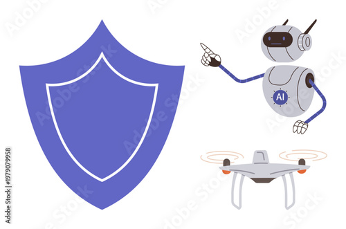 Cybersecurity, technology integration, automation, artificial intelligence, data protection, remote systems. A robot, quadcopter and shield icon. Cybersecurity and technology integration