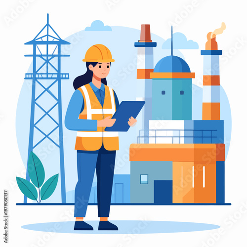 Female engineer in protective gear conducting an inspection at an industrial power plant, overseeing operations and safety protocols with a clipboard