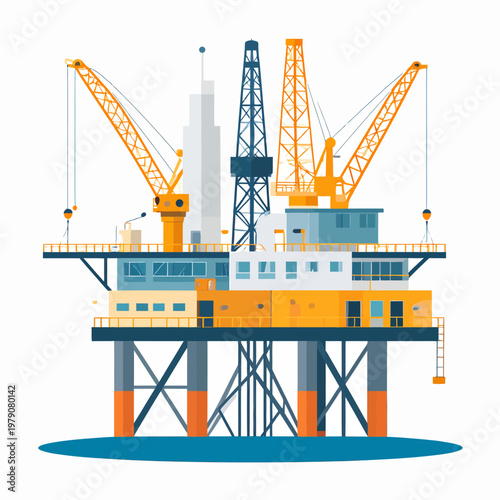 Dynamic illustration of an offshore oil platform, representing the complex infrastructure of the energy industry for petroleum extraction and fossil fuel production from the ocean