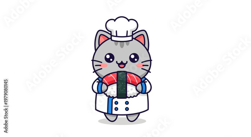 Cute cartoon cat chef holding sushi rolls, perfect for food blogs, menus, and culinary art