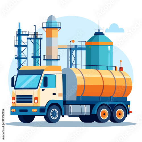 Modern flat illustration Industrial tanker truck delivering liquid fuel at a factory backdrop. Emphasizing vital energy logistics and modern supply chain operations