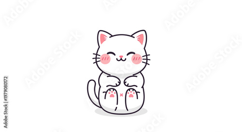 Adorable kawaii white cat sitting playfully with paws up, a delightful cartoon illustration