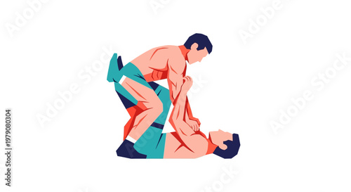 Dynamic illustration of two male athletes engaged in ground grappling during a martial arts training session, showcasing combat sports technique and physical interaction