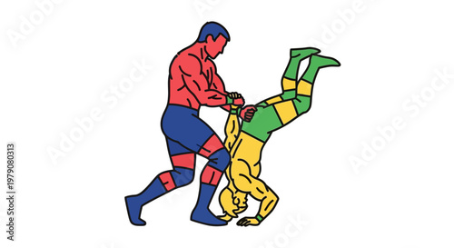 Illustration of Two Wrestlers in Action, One Athlete Performing a Move on Another during a Wrestling Match