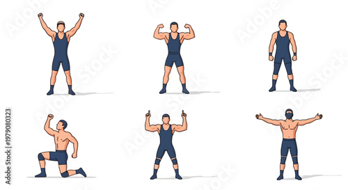 Dynamic collection of male wrestler illustrations showcasing diverse poses, from powerful flexes to triumphant stances and ready-for-action positions, perfect for sports and fitness themes