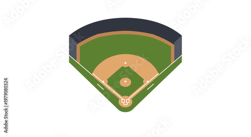 Aerial view of a baseball field with green grass, dirt infield, and bases