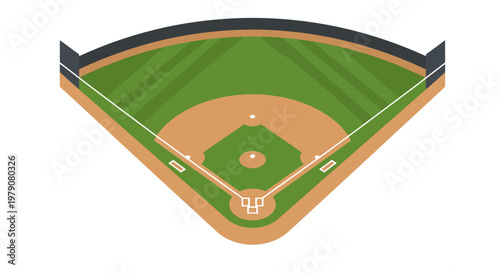 Flat vector illustration of a classic baseball diamond, showcasing the green outfield, brown infield, and accurately marked white bases, ideal for sports-themed designs and graphic elements