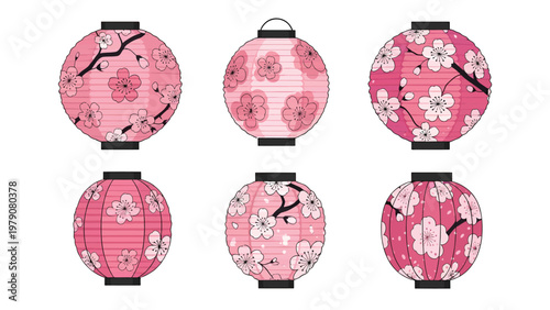 Vector set of pink Japanese cherry blossom lanterns. Traditional sakura floral decoration collection.