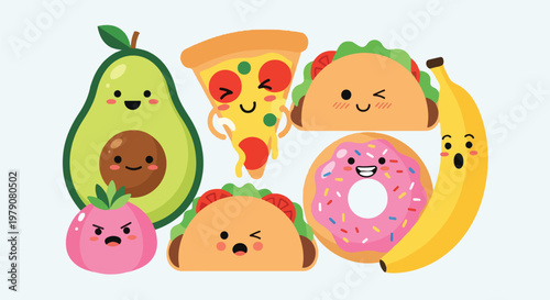 Colorful cartoon food items smiling faces.