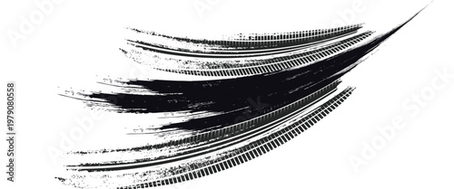 Tire track. Car, bike, motorcycle tyre mark with grunge effect isolated on white background. Wheel footprint on the road. Top view of rubber protector mark