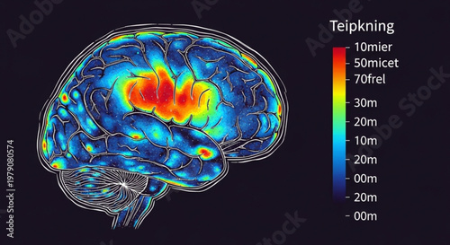 Brain scan heatmap illustration showing neural activity levels and inflammatory hotspots with color scale legend