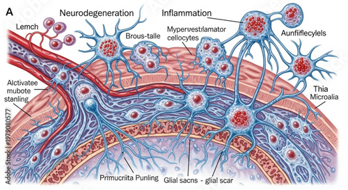 Medical illustration of neurodegeneration and glial scar formation showing cellular inflammation in brain tissue