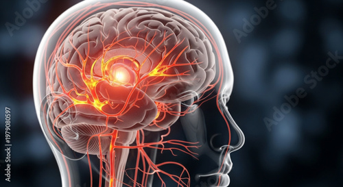 Transparent human head profile showing glowing red inflamed blood vessels inside the brain anatomy model.