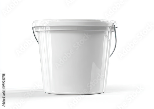 White plastic bucket with handle and lid, isolated on a white background