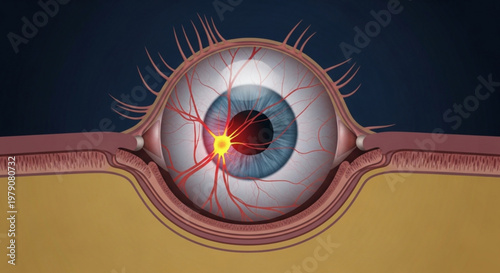 Cross section of a human eye showing ocular inflammation with glowing nerve damage in a clinical medical diagram