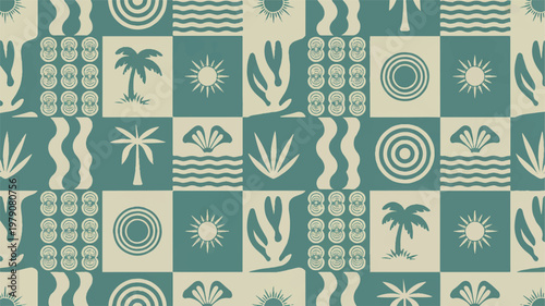 A set of cute cartoon heart illustrations arranged in a patterned design with various shapes and icons