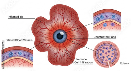 Scientific diagram of an inflamed human eye with labels for iris, pupil, blood vessels, and immune cell infiltration