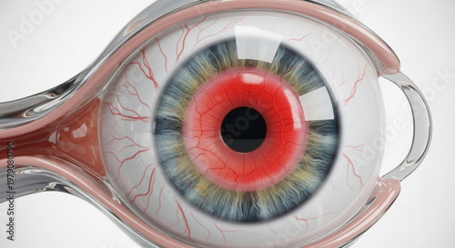 Transparent human eye model with visible internal structures and red blood vessels for medical education purposes.