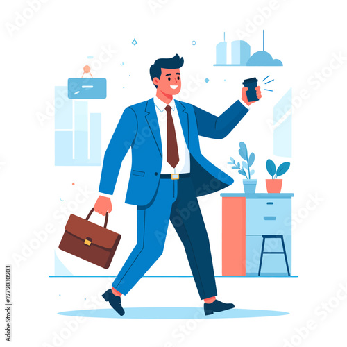 Confident businessman in a suit happily multitasking, walking with a briefcase and using a smartphone, embodying modern professional life, communication, and dynamic office interactions