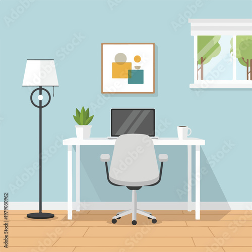 A serene workspace with a desk, chair, and lamp