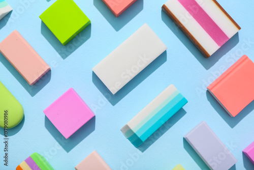 Colorful rubber erasers on ...
