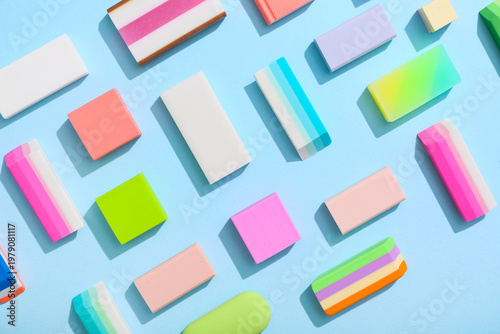 Colorful rubber erasers on ...