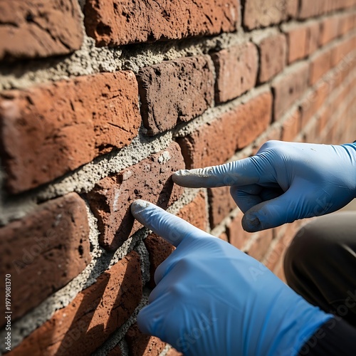 Person in Blue Gloves Inspecting Old Red Brick Wall