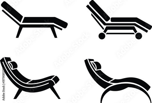 Lounge, chair, recliner, furniture, relaxation, comfort, spa, icon, set, silhouette, vector, illustration, seating, design, graphic, modern, indoor, collection, rest, style