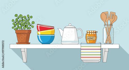 A shelf with a plant, stacked bowls, teapot, honey jar, and utensils