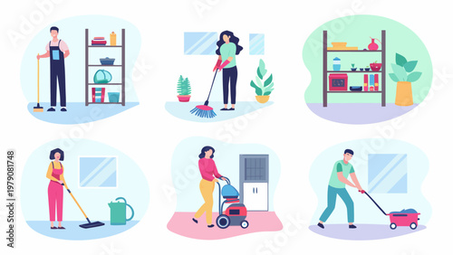 People cleaning homes with various tools in a cartoon illustration style
