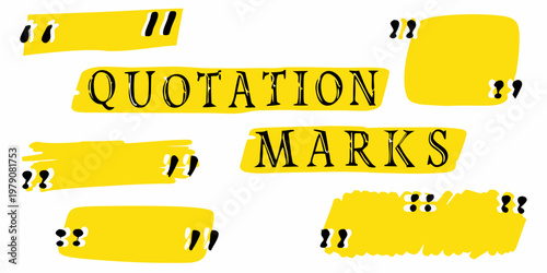 Abstract yellow shapes and text reading quotation marks on white