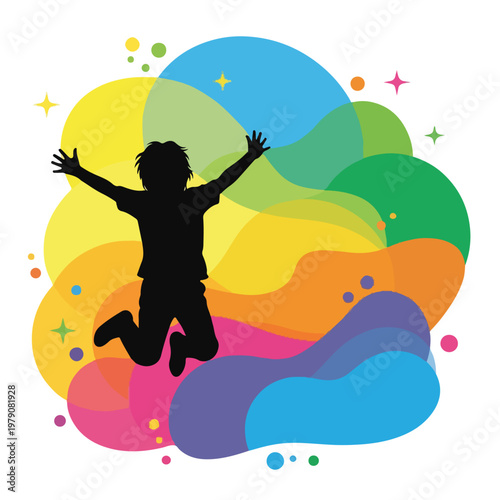 A silhouette of a joyful child jumping against a vibrant abstract background