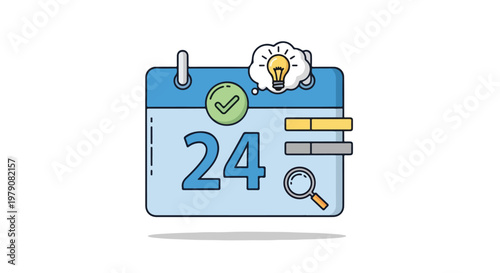 Cartoon calendar icon with 24 date, checkmark, and lightbulb