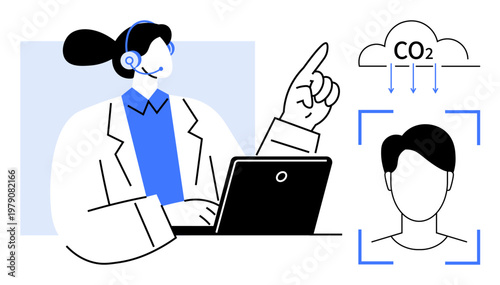 Sustainability, carbon tracking, technology, customer service, face recognition, future innovations. A support agent explains carbon impact using a laptop and digital visuals. Sustainability