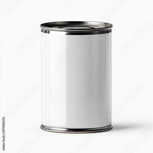 A blank white label on a metal food can stands against a white background