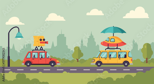 Cartoon Vehicles with Surfboards on Road.