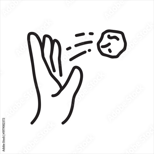 A hand throws a rock, linear icon. Line with editable stroke