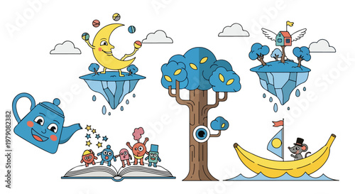 Cartoon tree with blue leaves and animals.